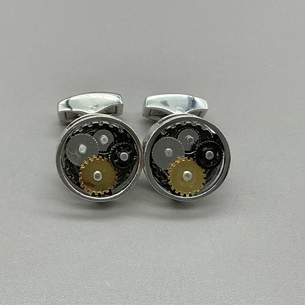 Steampunk Gear Cufflinks Silver Tone Mechanical Watch Movement Style Round